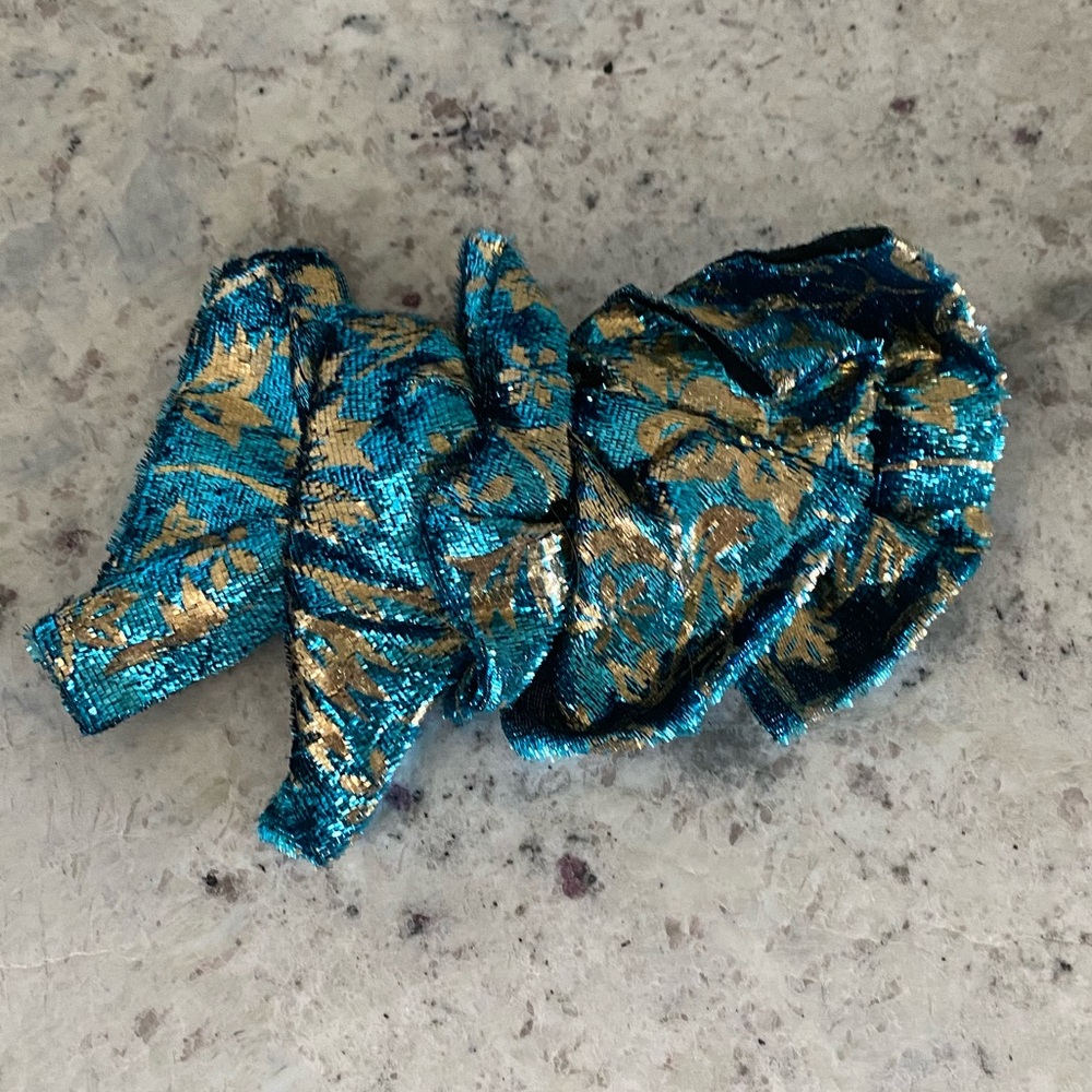 NEW Vintage Blue & Gold Pattern Silky Fabric Hair Bow Clip Barrette